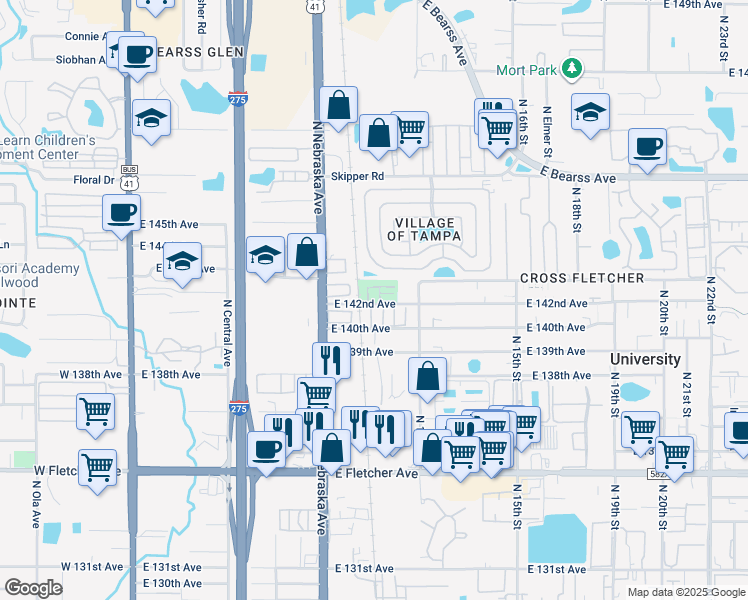 map of restaurants, bars, coffee shops, grocery stores, and more near 17a East 142nd Avenue in Tampa