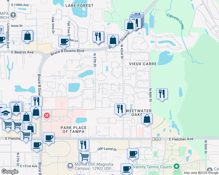 map of restaurants, bars, coffee shops, grocery stores, and more near 14164 Monterey Pines Drive in Tampa