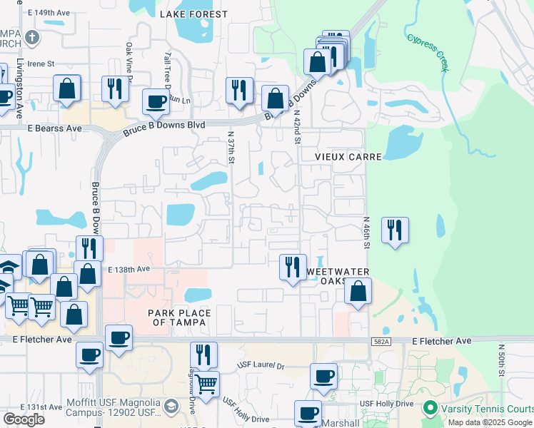 map of restaurants, bars, coffee shops, grocery stores, and more near 14164 Monterey Pines Drive in Tampa