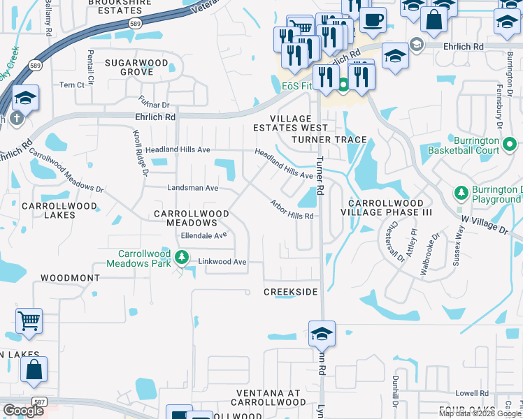 map of restaurants, bars, coffee shops, grocery stores, and more near 14124 Arbor Hills Road in Tampa