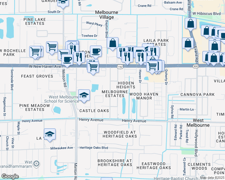 map of restaurants, bars, coffee shops, grocery stores, and more near 200 Bossieux Boulevard in Melbourne