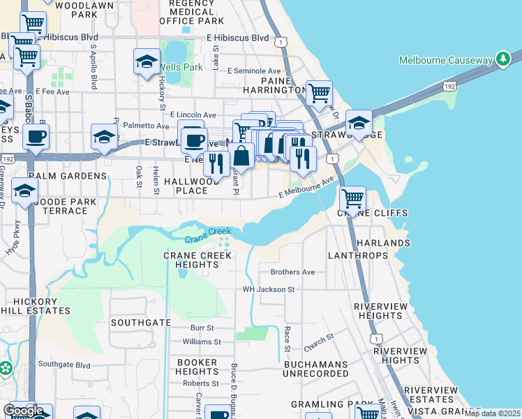 map of restaurants, bars, coffee shops, grocery stores, and more near 809 East Melbourne Avenue in Melbourne