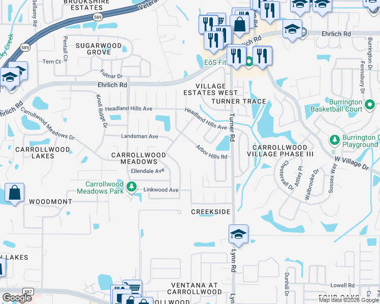 map of restaurants, bars, coffee shops, grocery stores, and more near 14124 Arbor Hills Road in Tampa