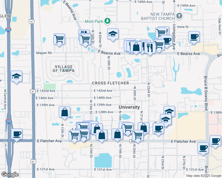 map of restaurants, bars, coffee shops, grocery stores, and more near 1808 East 142nd Avenue in Tampa