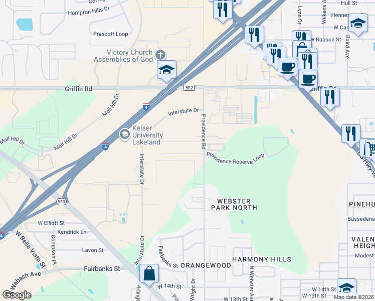 map of restaurants, bars, coffee shops, grocery stores, and more near 1220 Alameda Drive South in Lakeland