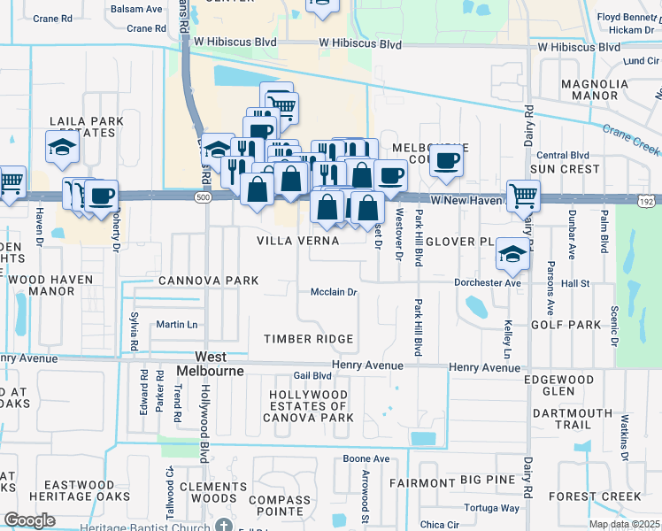 map of restaurants, bars, coffee shops, grocery stores, and more near 273 Murano Drive in West Melbourne
