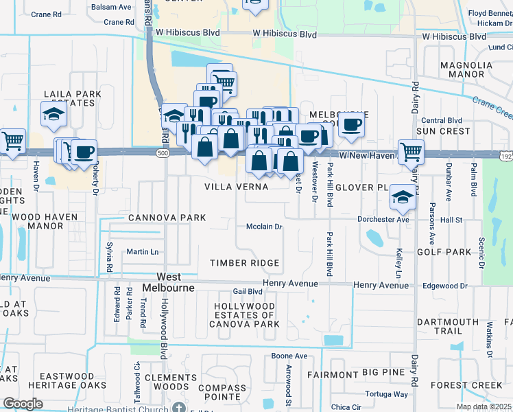 map of restaurants, bars, coffee shops, grocery stores, and more near 233 Murano Drive in West Melbourne