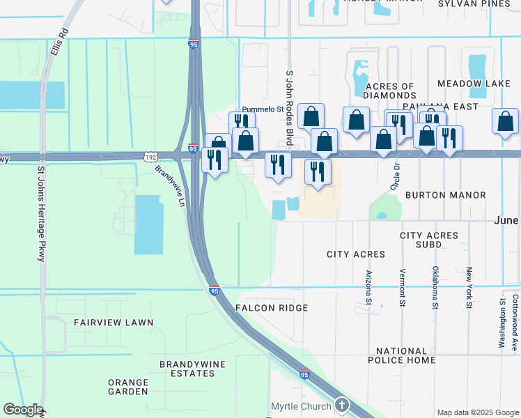 map of restaurants, bars, coffee shops, grocery stores, and more near 8155 Keystone Avenue in Melbourne