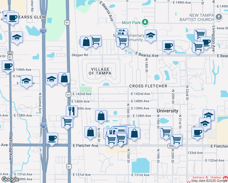 map of restaurants, bars, coffee shops, grocery stores, and more near 1221 East 142nd Avenue in Tampa