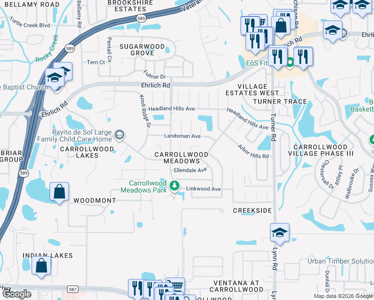 map of restaurants, bars, coffee shops, grocery stores, and more near 14103 Lonewood Place in Tampa