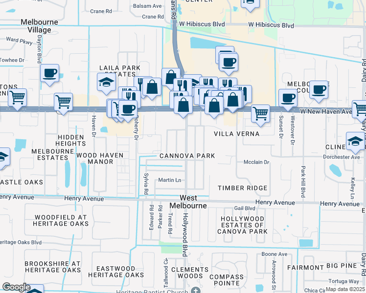 map of restaurants, bars, coffee shops, grocery stores, and more near 151 Hollywood Boulevard in Melbourne