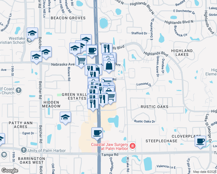 map of restaurants, bars, coffee shops, grocery stores, and more near 33385 US Highway 19 North in Palm Harbor