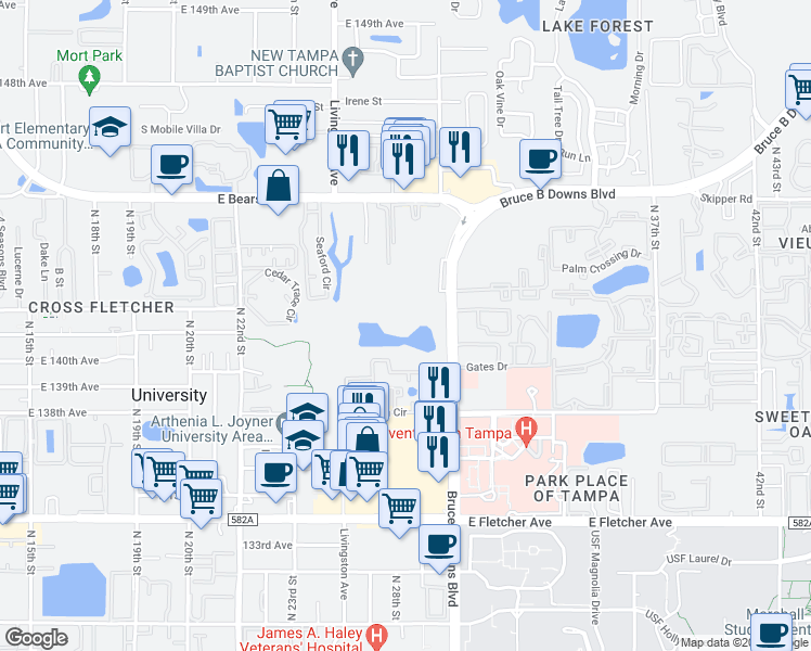 map of restaurants, bars, coffee shops, grocery stores, and more near 2853 Lakeside Commons Drive in Tampa