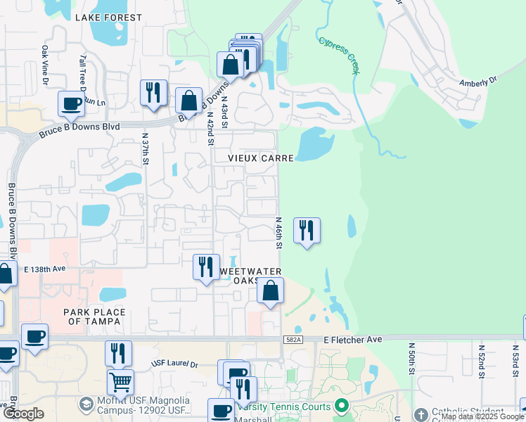 map of restaurants, bars, coffee shops, grocery stores, and more near 4411 Shady Terrace Lane in Tampa
