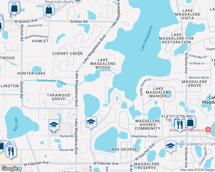 map of restaurants, bars, coffee shops, grocery stores, and more near 13747 Juniper Blossom Drive in Tampa