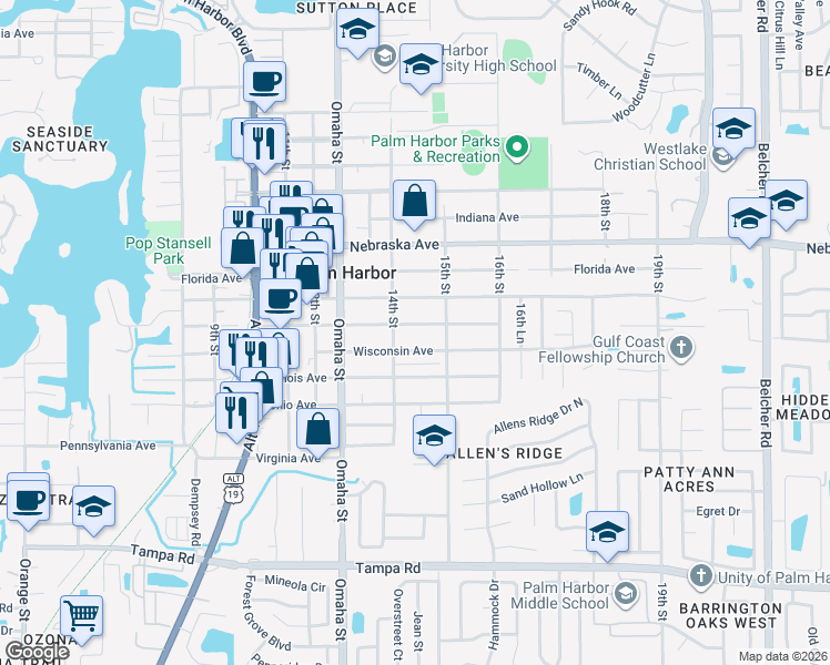 map of restaurants, bars, coffee shops, grocery stores, and more near 1440 Michigan Avenue in Palm Harbor
