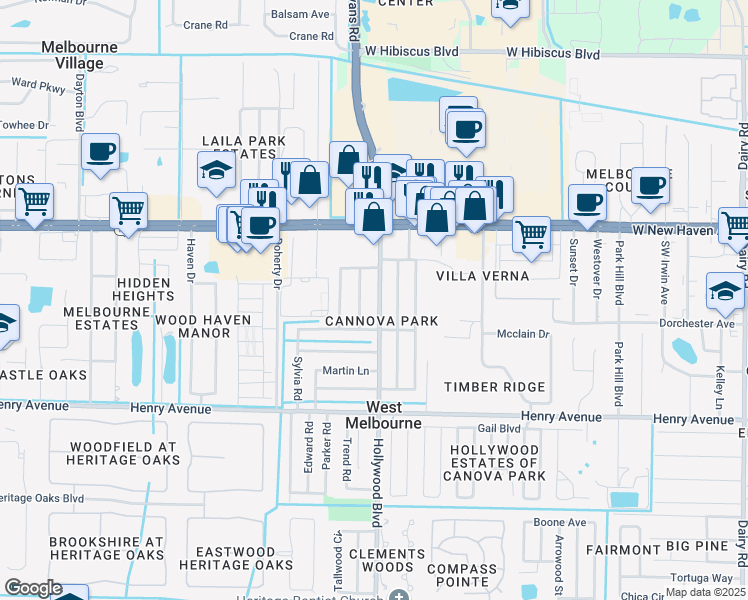 map of restaurants, bars, coffee shops, grocery stores, and more near 147 Hollywood Boulevard in West Melbourne