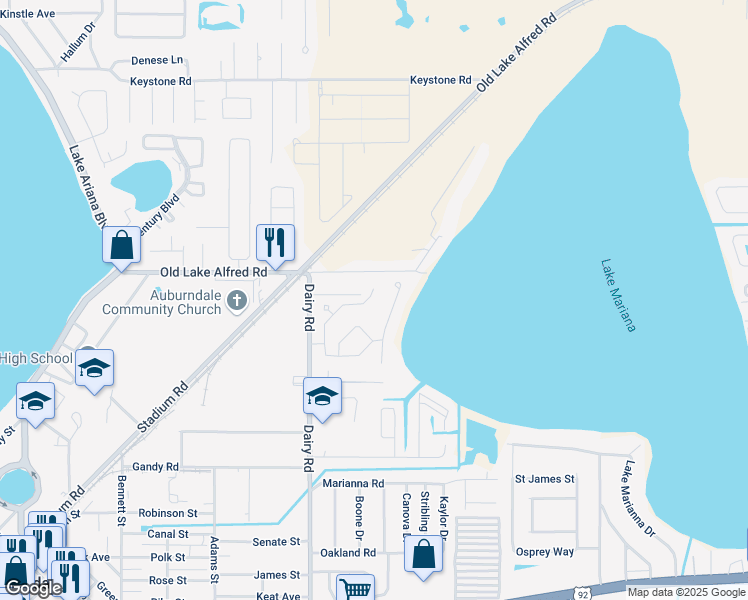 map of restaurants, bars, coffee shops, grocery stores, and more near 344 Lake Mariana Way in Auburndale