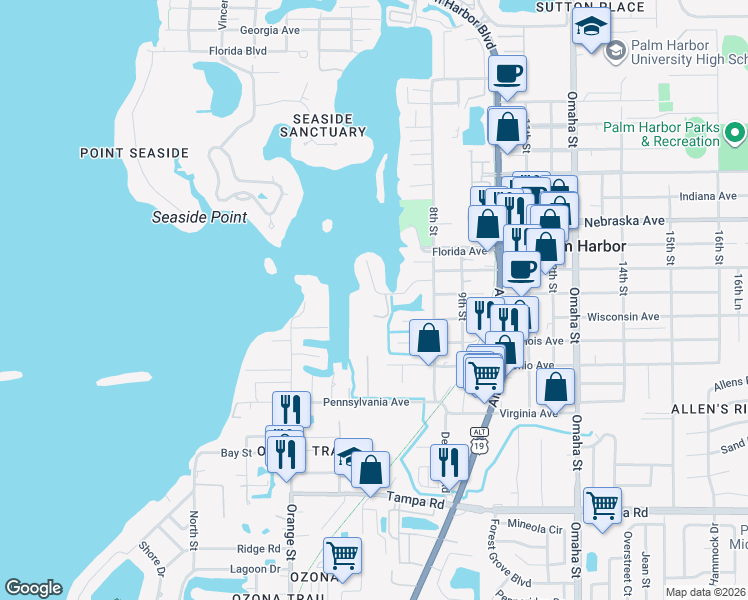 map of restaurants, bars, coffee shops, grocery stores, and more near 656 Soundview Drive in Palm Harbor