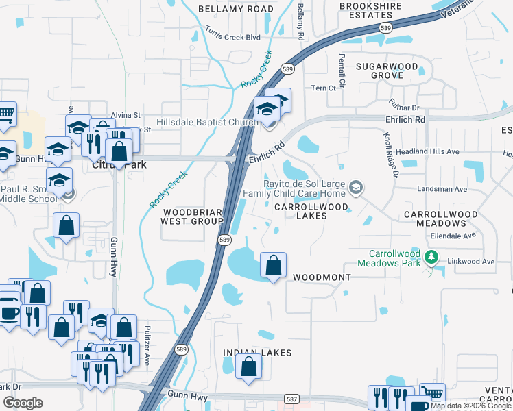 map of restaurants, bars, coffee shops, grocery stores, and more near 14217 Pondhawk Lane in Greater Carrollwood
