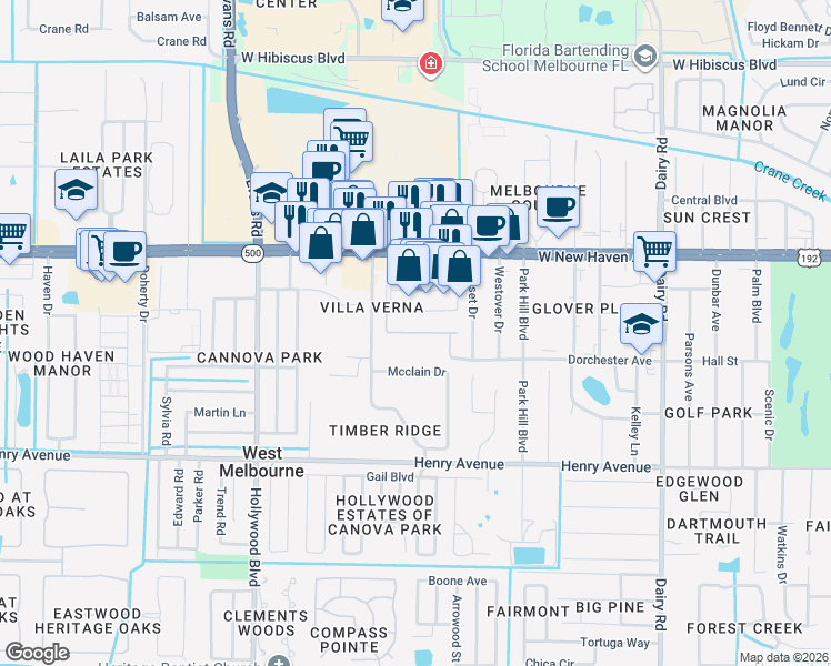 map of restaurants, bars, coffee shops, grocery stores, and more near 273 Murano Drive in West Melbourne