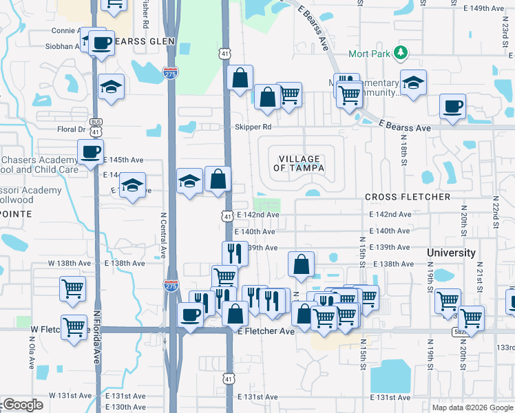 map of restaurants, bars, coffee shops, grocery stores, and more near 17a East 142nd Avenue in Tampa