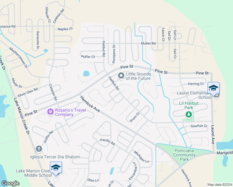 map of restaurants, bars, coffee shops, grocery stores, and more near 303 Kingfish Drive in Kissimmee