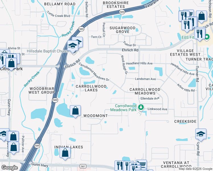 map of restaurants, bars, coffee shops, grocery stores, and more near 13902 Bittersweet Way in Tampa