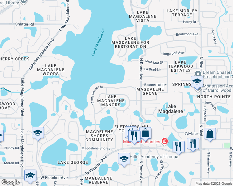 map of restaurants, bars, coffee shops, grocery stores, and more near 1713 Magdalene Manor Drive in Tampa