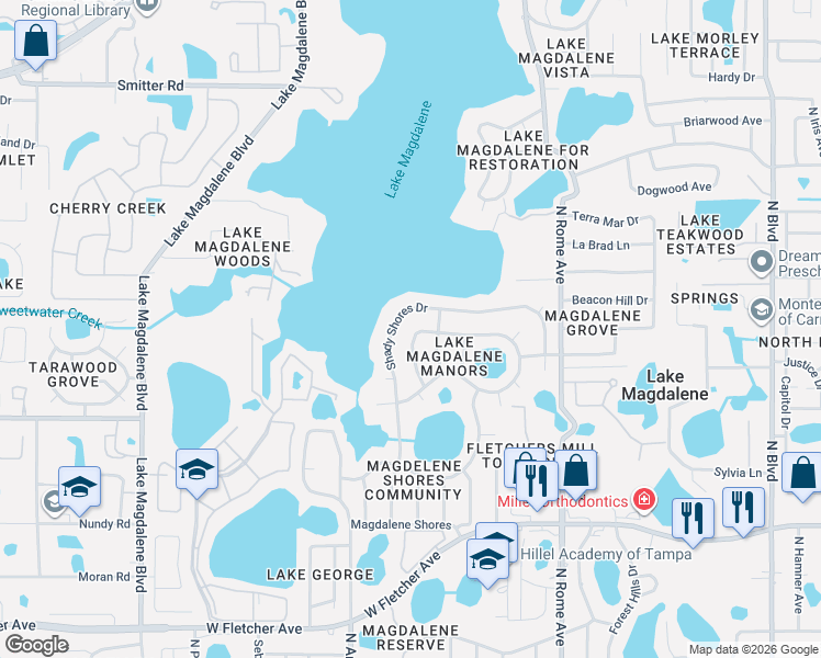 map of restaurants, bars, coffee shops, grocery stores, and more near 1612 Magdalene Manor Drive in Tampa