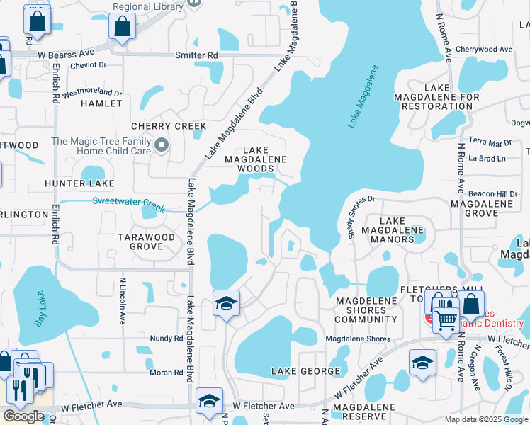 map of restaurants, bars, coffee shops, grocery stores, and more near 13751 Juniper Blossom Drive in Lake Magdalene
