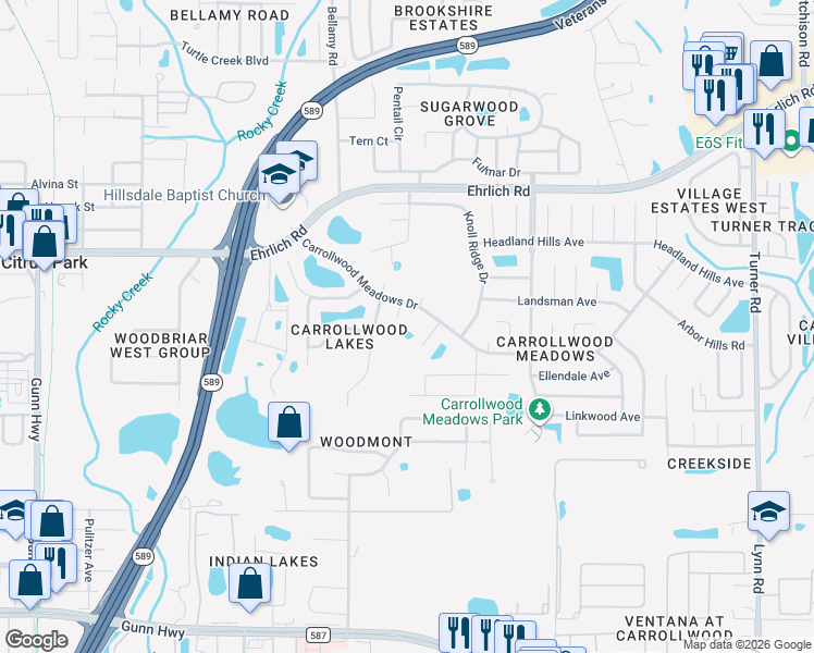 map of restaurants, bars, coffee shops, grocery stores, and more near 13902 Bittersweet Way in Tampa