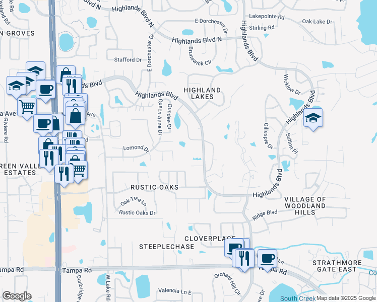 map of restaurants, bars, coffee shops, grocery stores, and more near 880 Highlands Boulevard in Palm Harbor