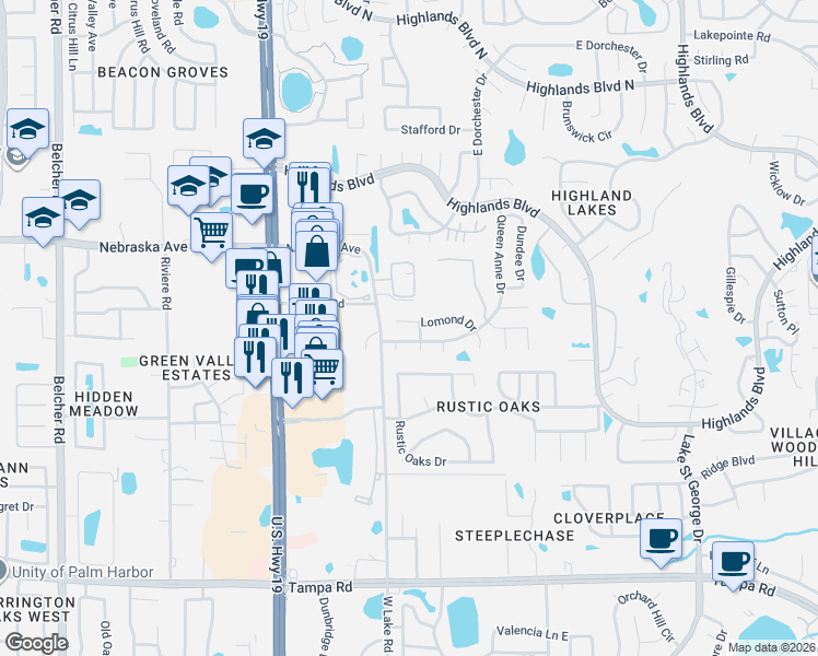 map of restaurants, bars, coffee shops, grocery stores, and more near 1021 Tarns Court in Palm Harbor
