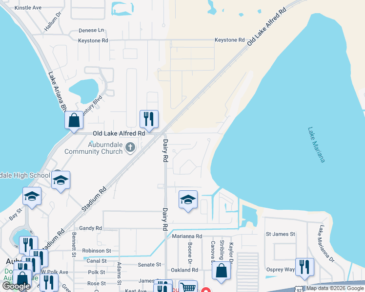 map of restaurants, bars, coffee shops, grocery stores, and more near 107 Promenade Court in Auburndale