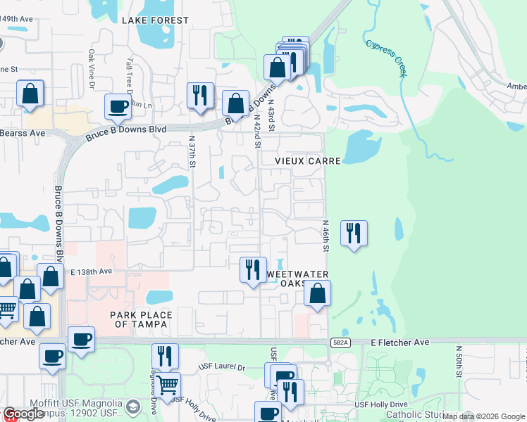 map of restaurants, bars, coffee shops, grocery stores, and more near 14203 Shiloh Woods Court in Tampa