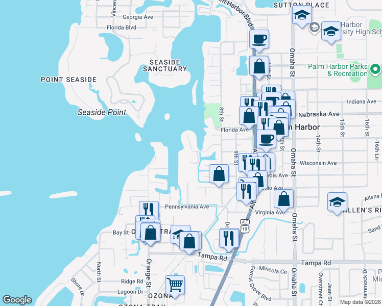 map of restaurants, bars, coffee shops, grocery stores, and more near 656 Soundview Drive in Palm Harbor