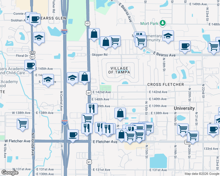map of restaurants, bars, coffee shops, grocery stores, and more near 14007 Sandy Court in Tampa