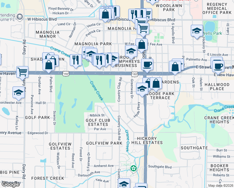 map of restaurants, bars, coffee shops, grocery stores, and more near 2208 Country Club Road in Melbourne