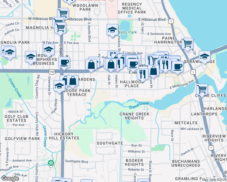 map of restaurants, bars, coffee shops, grocery stores, and more near 401 Roxy Avenue in Melbourne