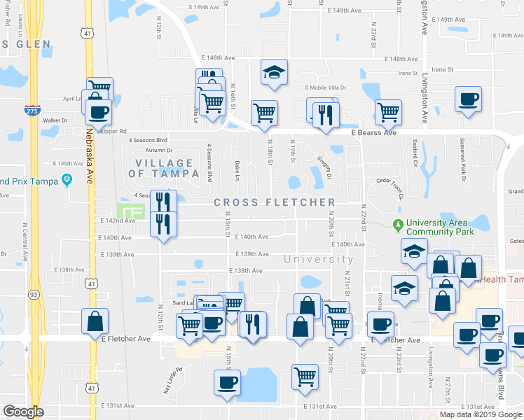 map of restaurants, bars, coffee shops, grocery stores, and more near 1509 East 142nd Avenue in Tampa