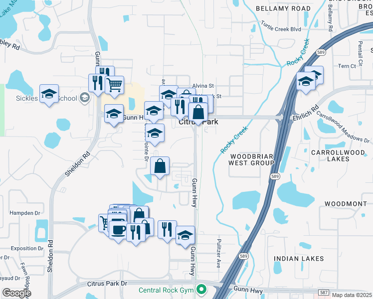 map of restaurants, bars, coffee shops, grocery stores, and more near 7506 Gunn Highway in Tampa