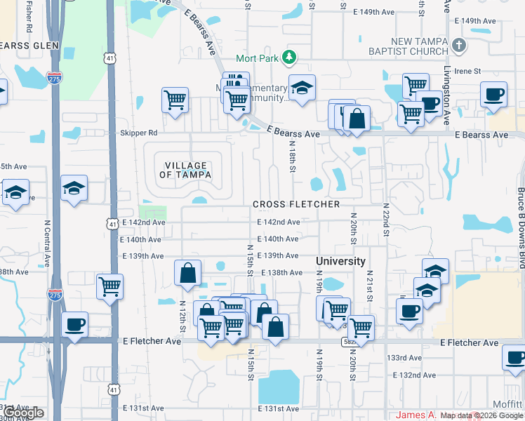 map of restaurants, bars, coffee shops, grocery stores, and more near 1509 East 142nd Avenue in Tampa