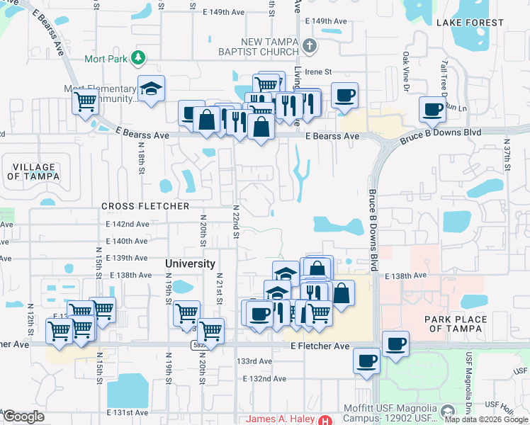 map of restaurants, bars, coffee shops, grocery stores, and more near 2200 Cedar Trace Circle in Tampa