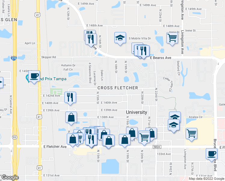 map of restaurants, bars, coffee shops, grocery stores, and more near 1609 East 143rd Avenue in Tampa