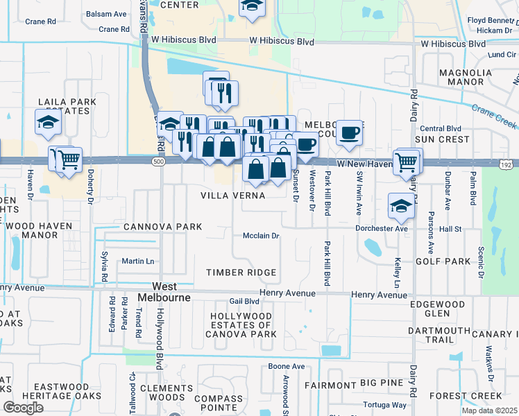 map of restaurants, bars, coffee shops, grocery stores, and more near 274 Murano Drive in West Melbourne