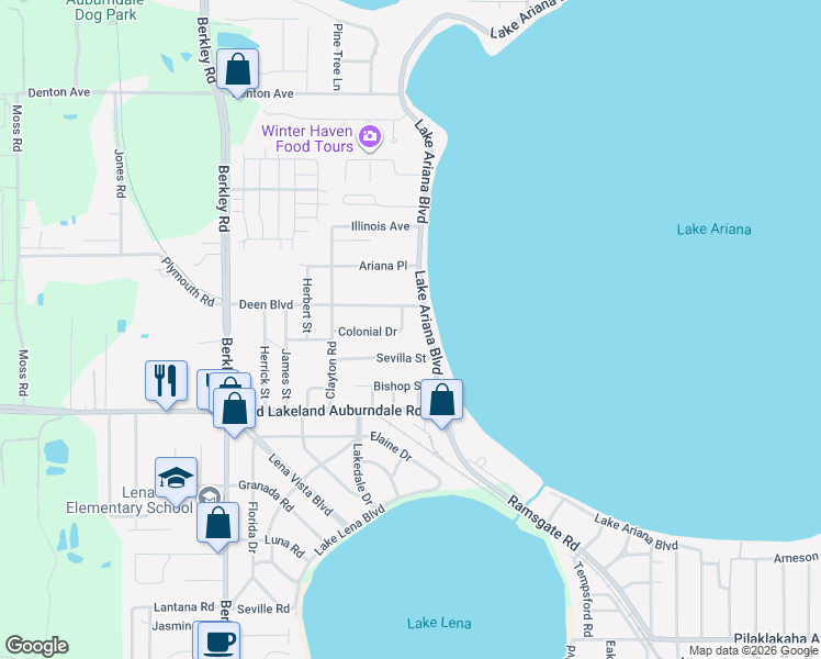 map of restaurants, bars, coffee shops, grocery stores, and more near 2166 Ariana Boulevard in Auburndale
