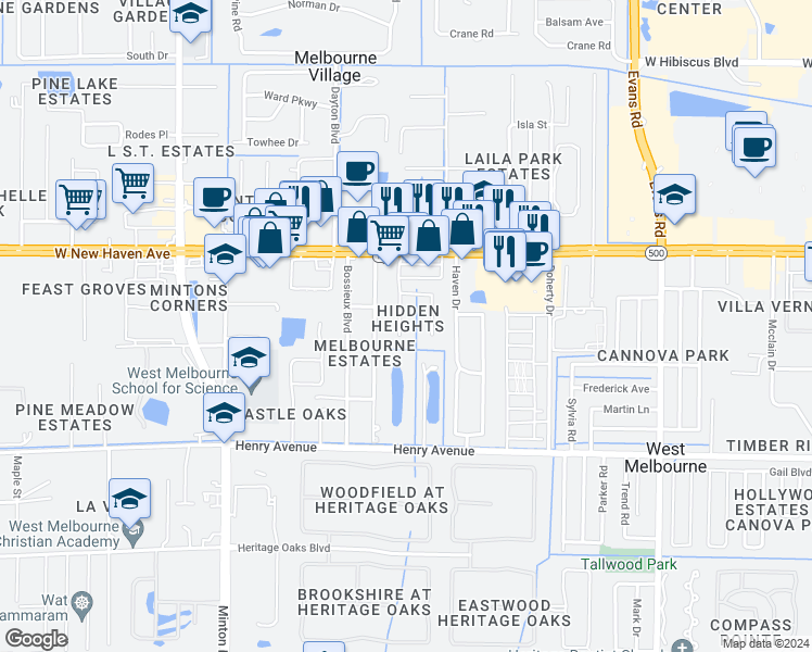 map of restaurants, bars, coffee shops, grocery stores, and more near 201 Secret Drive in West Melbourne