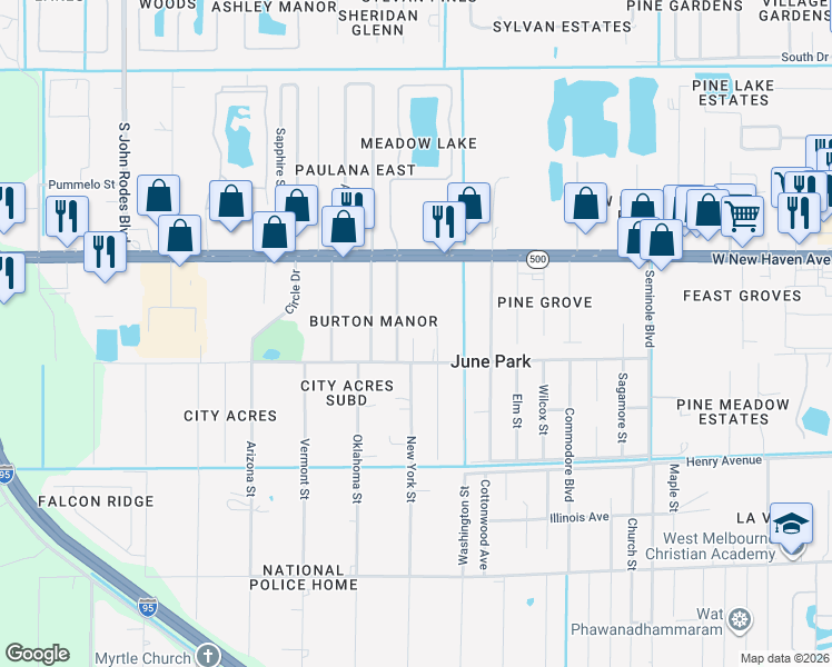map of restaurants, bars, coffee shops, grocery stores, and more near 2013 New York Street in Melbourne