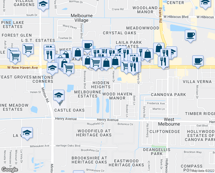 map of restaurants, bars, coffee shops, grocery stores, and more near 6044 Serene Place in Melbourne